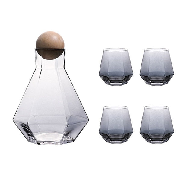 Geometric Hexagonal Water Jug Glass Cup Tray Set Transparent Juice